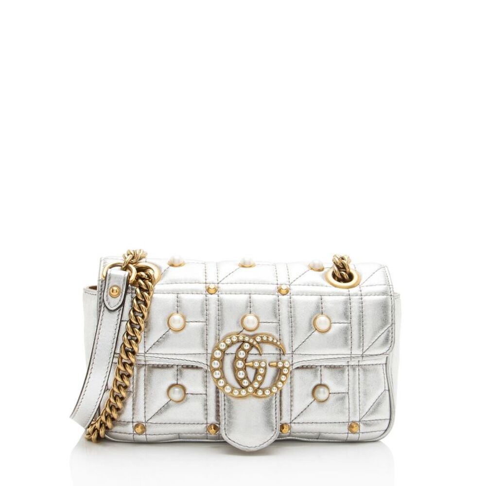 Gucci Metallic Matelasse Leather Pearl GG Marmont Small Flap Bag